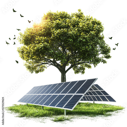 Earth Day renewable energy solutions, solar farms in nature, transparent background