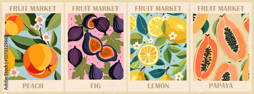 Set of Fruit market retro posters with peach, fig, lemon, papaya fruits. Kitchen wall art. Colorful vector illustrations