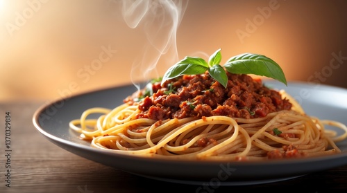 Steaming Spaghetti Bolognese Topped with Basil on a Modern Plate