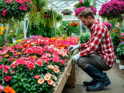 Adult White man gardening in greenhouse