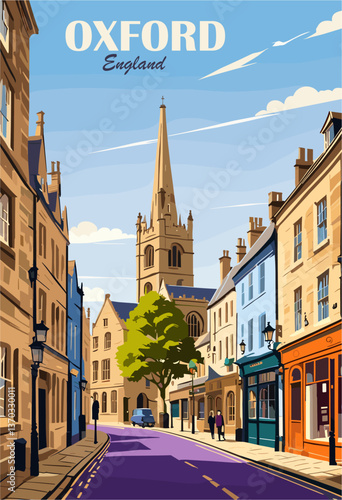 Oxford, England travel destination poster in retro style. Vector colorful art illustration