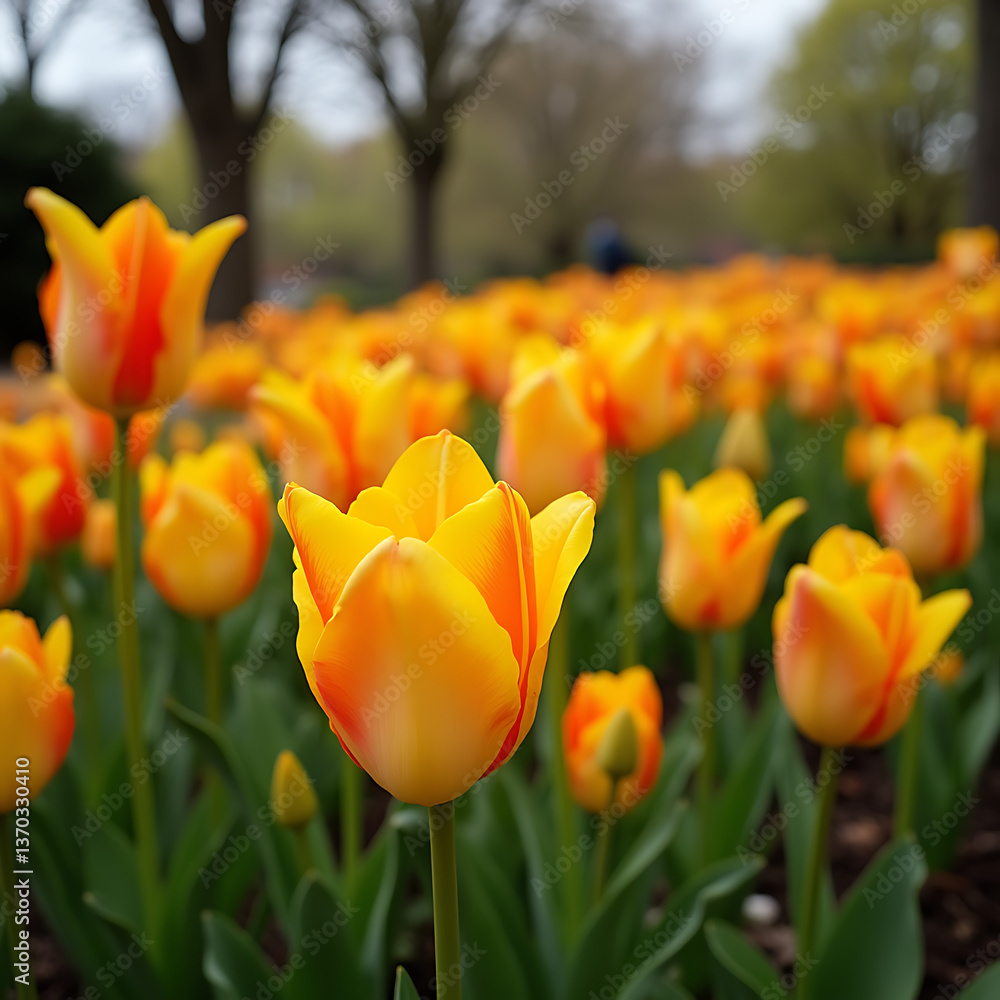 Obraz premium Vibrant Front Yard Garden with Blooming Orange and Yellow Tulips — Colorful Spring Flowers, Seasonal Landscaping, and Nature Rebirth