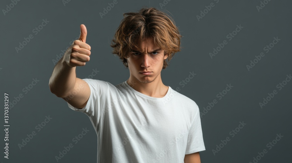 Young man expressing dislike thumb down gesture isolated background emotional portrait studio lighting Young man expressing dislike thumb down gesture isolated background emotional portrait studio lighting