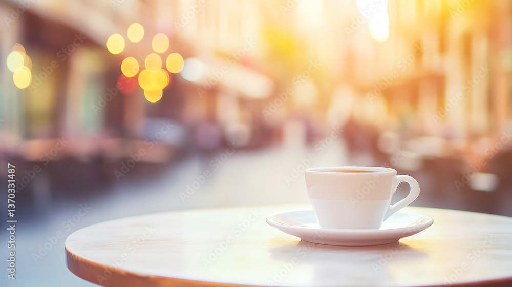 Fototapeta premium Urban Evening Serenity: A White Coffee Cup Resting on a Table with a Blurred City Lights Background
