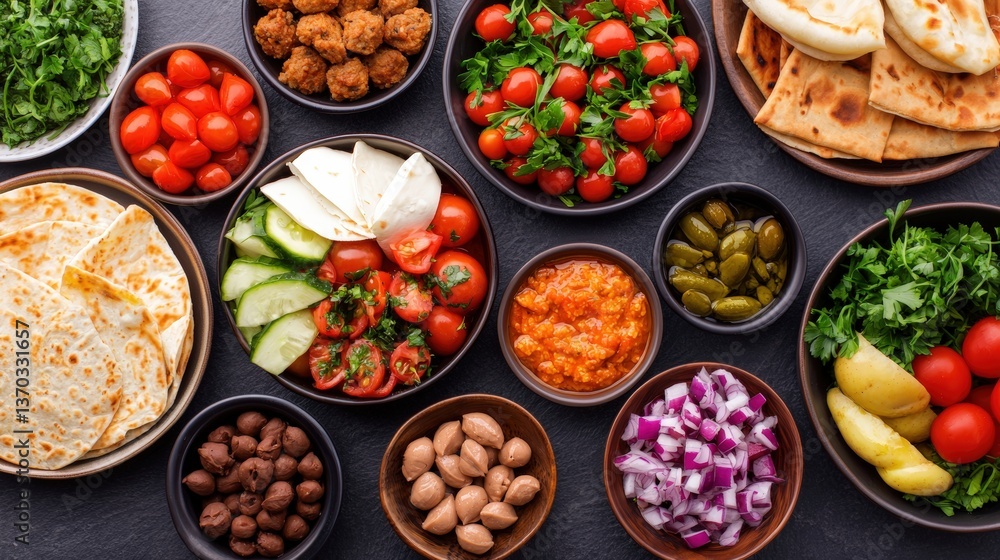 A vibrant spread of fresh vegetables, herbs, and dips arranged in bowls, showcasing a colorful and healthy selection of Mediterranean-inspired ingredients. A vibrant spread of fresh vegetables, herbs, and dips arranged in bowls, showcasing a colorful and healthy selection of Mediterranean-inspired ingredients.