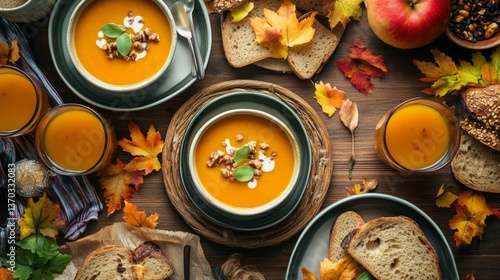Top view of meal table with butternut squash soup bowls, multigrain bread slices, and apple cider in glasses surrounded by warm-toned foliage