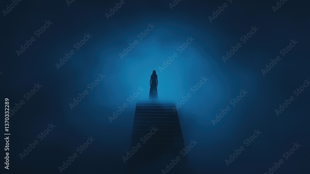 Mysterious Figure in Fog, Silhouette of a person on a platform in dense fog. Mysterious Figure in Fog, Silhouette of a person on a platform in dense fog.