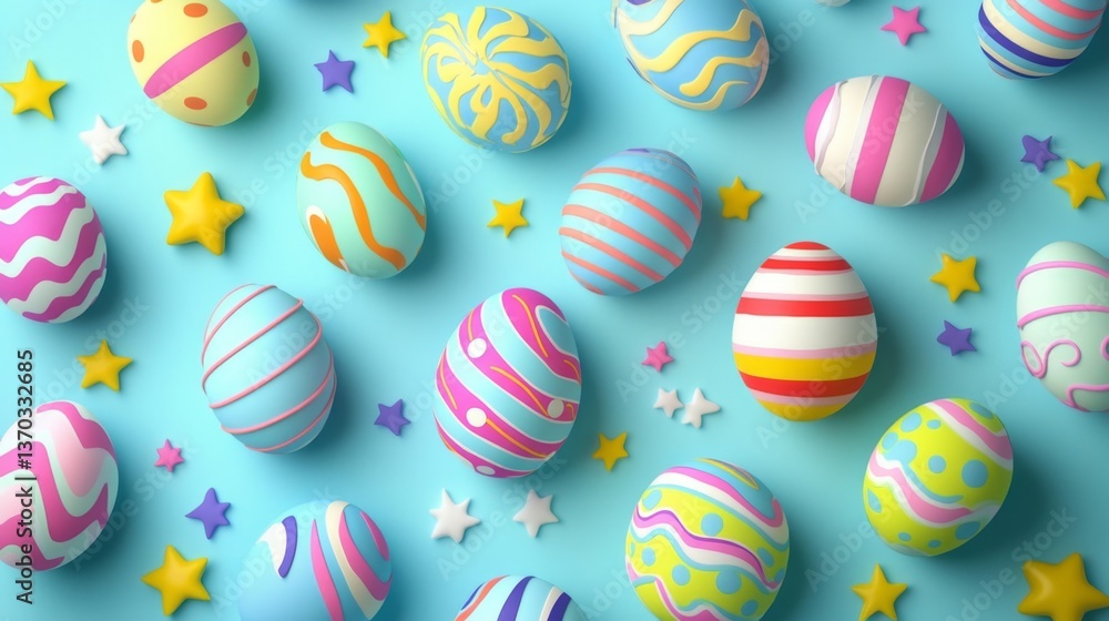 Vibrant D pattern of colorful Easter eggs with playful swirls, stripes, and stars, evenly spaced on a soft sky blue background for festive wallpaper Vibrant D pattern of colorful Easter eggs with playful swirls, stripes, and stars, evenly spaced on a soft sky blue background for festive wallpaper