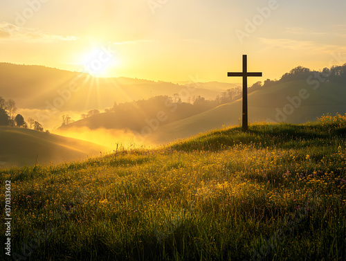 Scenic landscape with Christian cross on a hill at sunrise surrounded by misty valleys and flowers