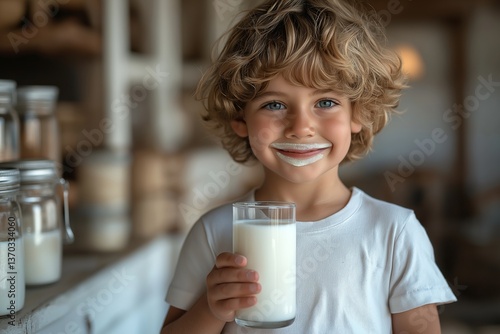 A happy boy, 6 years old, holds a glass of fresh milk, just took a sip. He has a milk mustache on his lip.