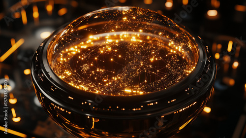 Futuristic spherical dashboard featuring a neural network visualization, with glowing cryptocurrency particles orbiting a 3D globe. The minimalist HUD interface provides a sleek, high-tech display