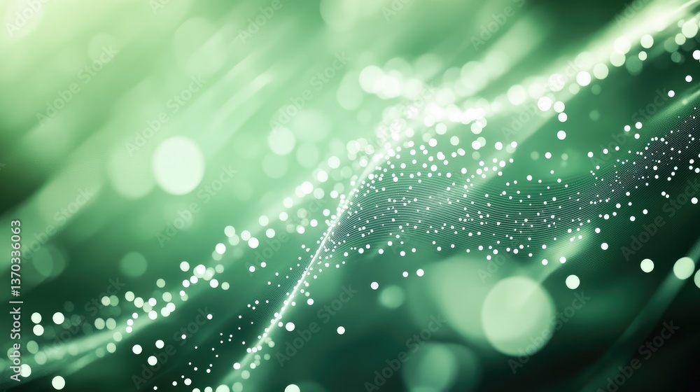 Obraz premium Abstract green background with glowing dots and waves creating a mystical atmosphere for modern design projects