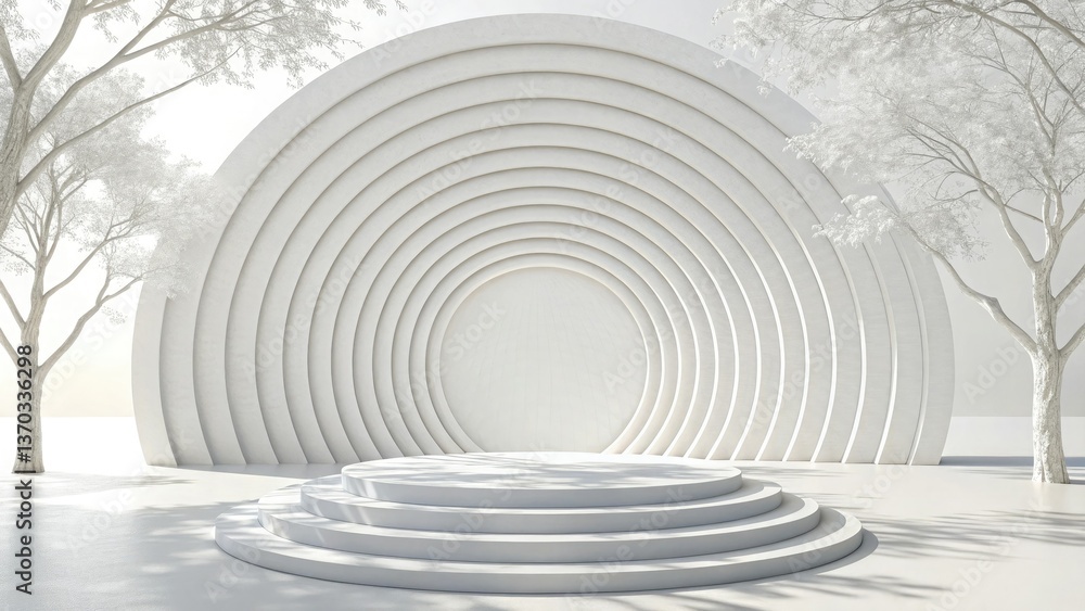 Fototapeta premium Minimalist White Concentric Circle Stage with Abstract Design