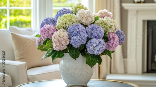 Wallpaper Mural A beautiful arrangement of hydrangeas in a stoneware vase, set on a mid-century modern side table with gold accents. Torontodigital.ca