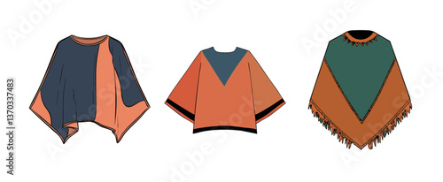 Colorful Ponchos, Fashion Illustration Set on White Background