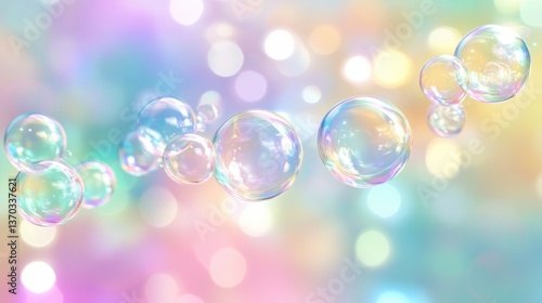 Colorful Soap Bubbles Floating in a Soft Pastel Background with Glowing Lights