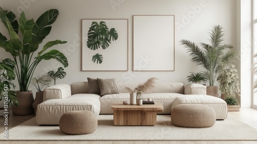 Modern, minimalist living room with tropical plants and natural elements