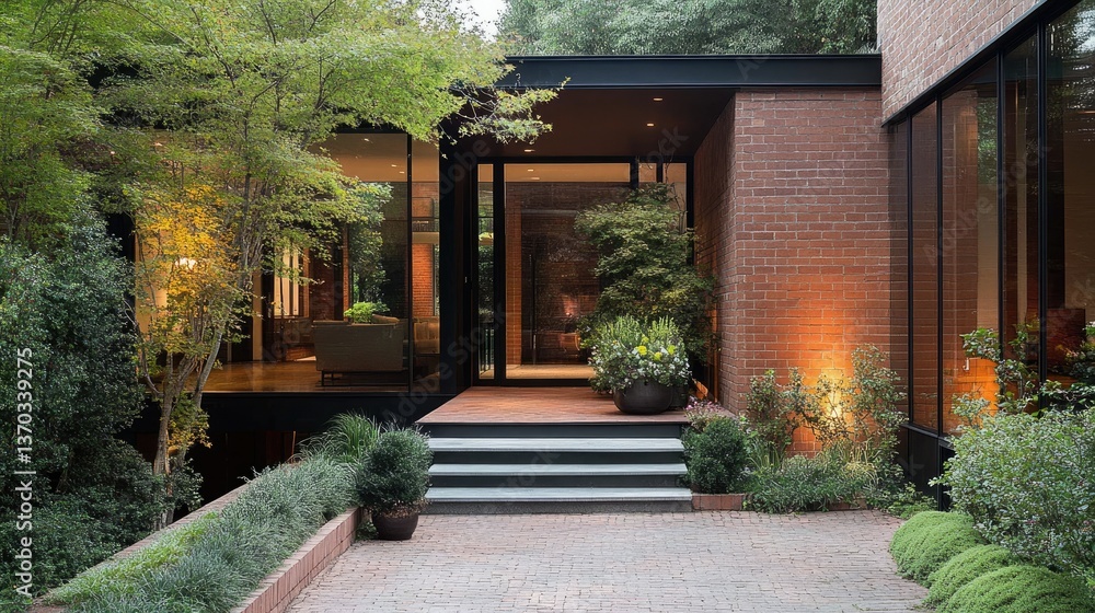 A contemporary home entrance with a decorative brick-lined fence, blending tradition with modern aesthetics. A contemporary home entrance with a decorative brick-lined fence, blending tradition with modern aesthetics.
