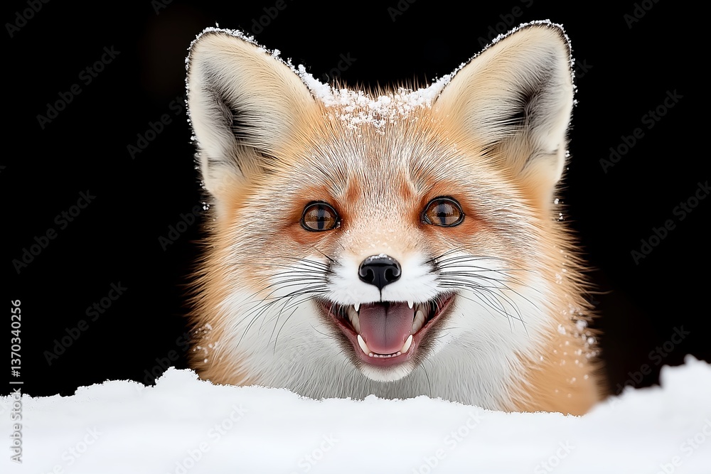 Fototapeta premium Close-Up of a Red Fox in the Snow, Detailed Portrait with Fur Dusted in Snow, Fox Gaze, Wildlife Photography, Winter Forest Animal, Curious Fox, Nature Portrait, Snowy Landscape