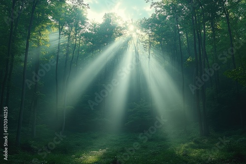 Sunlight streams through trees in a forest, creating ethereal rays of light through the mist