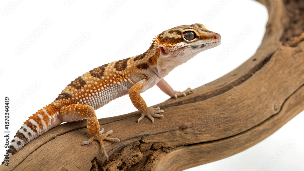 Naklejka premium Striped gecko with intricate scales and tiny claws perched on a wooden branch captured in macro detail against a clean white background