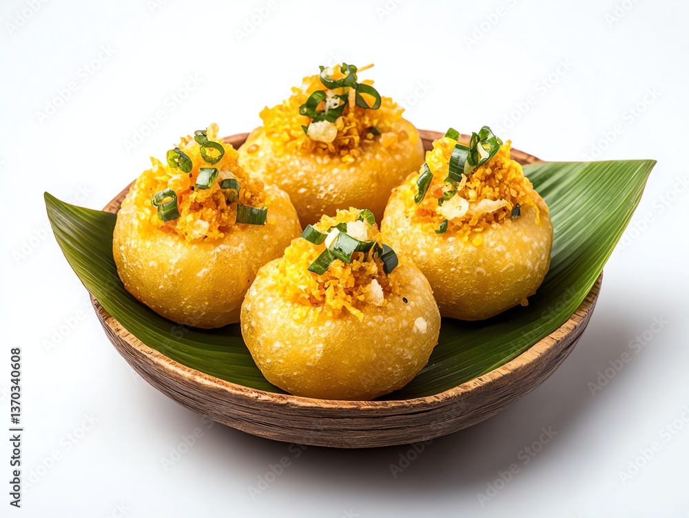 Serving Fried Dumpling Appetizers Garnished with Herbs on Leaf in Bowl Serving Fried Dumpling Appetizers Garnished with Herbs on Leaf in Bowl