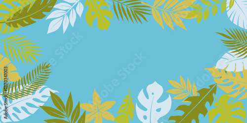 Vector illustration of tropical leaves framing a blue background, with vibrant colors and detailed foliage.