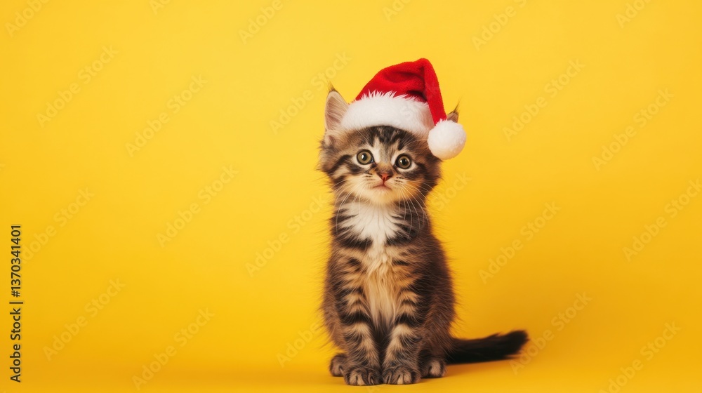 Adorable kitten wearing a festive red Christmas hat against a bright yellow backdrop, perfect for seasonal celebrations and holiday themes Adorable kitten wearing a festive red Christmas hat against a bright yellow backdrop, perfect for seasonal celebrations and holiday themes