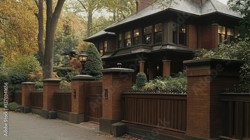 A warm and inviting home exterior with a wooden fence supported by well-built brick columns, enclosing a tiled front yard.