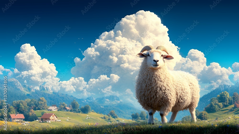 Fototapeta premium Majestic Ram in Idyllic Alpine Meadow Landscape Under a Dramatic Sky