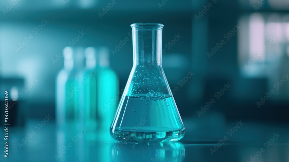 Blue Liquid in Glass Flask on Laboratory Table Surrounded by Bottles with Laboratory Equipment and Research Background Blue Liquid in Glass Flask on Laboratory Table Surrounded by Bottles with Laboratory Equipment and Research Background