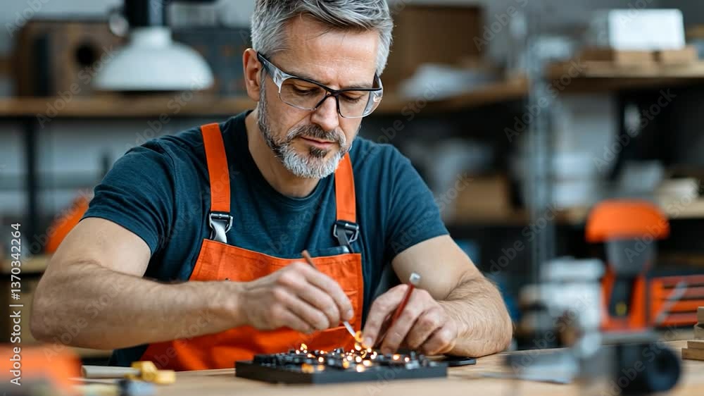 Skilled technician assembling electronic components in a workshop, focused on precision tasks Skilled technician assembling electronic components in a workshop, focused on precision tasks