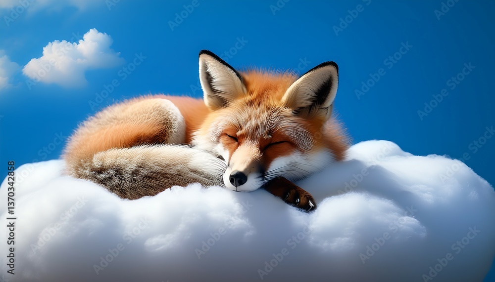Fototapeta premium A Tranquil Fox Sleeping on a Fluffy Cloud Beneath the Bright Blue Sky
