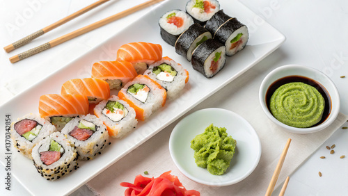 Sushi and rolls, on a white plate