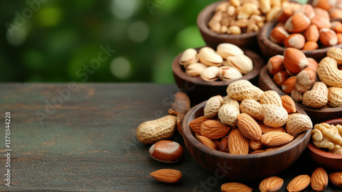Wallpaper Mural Assorted nuts and seeds in wooden bowls create natural and inviting display, perfect for healthy snacking Torontodigital.ca