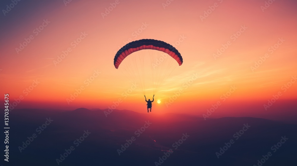 Paraglider Soaring through Vibrant Sunset Skies with Striking Colors Above Scenic Mountain Landscape in Evening Glow Paraglider Soaring through Vibrant Sunset Skies with Striking Colors Above Scenic Mountain Landscape in Evening Glow