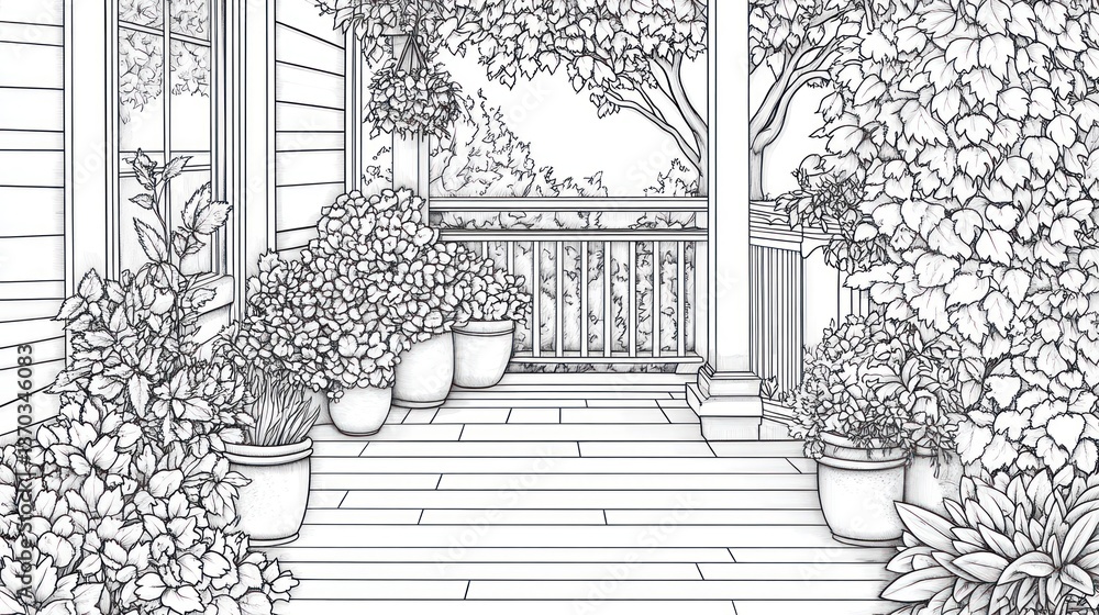 Fototapeta premium Exterior Patio Sketch, Plants, Sunny Day, Peaceful Scene, Coloring Book