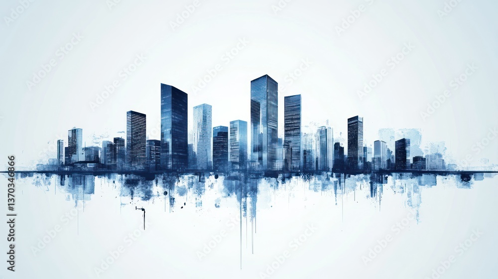 Fototapeta premium Cityscape Watercolor Skyline: An Urban Dreamscape in Blue Hues