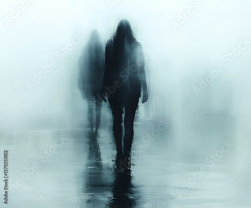 Mysterious Figures in the Mist: Silhouette of two people walking in a misty setting, where reality blends with abstraction, evoking a sense of mystery and introspection.