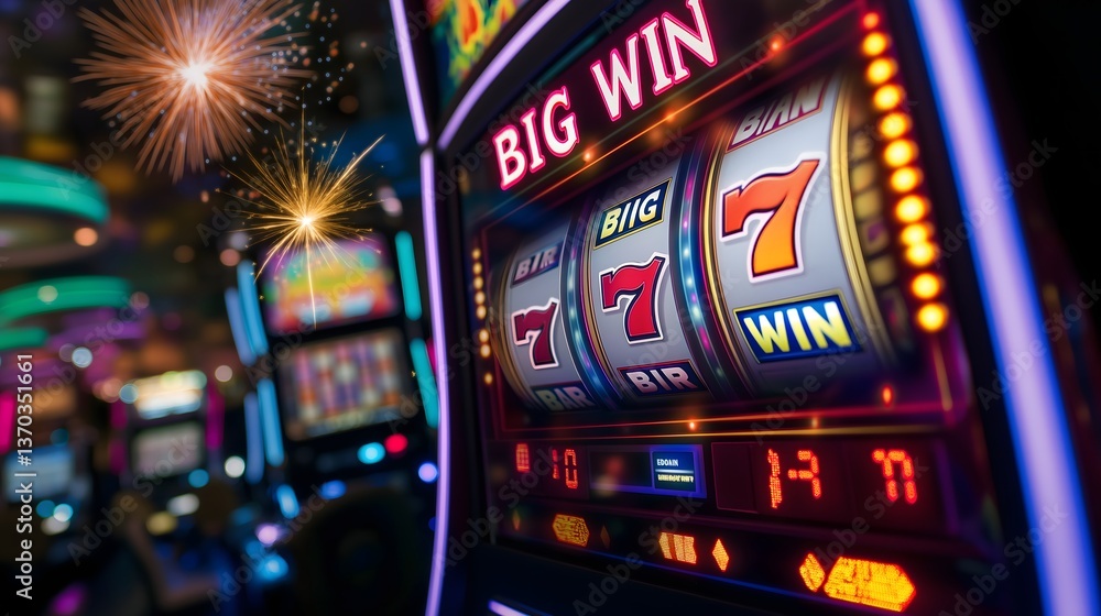 Flashing big win on a slot machine during a vibrant casino night with colorful lights and celebrations Flashing big win on a slot machine during a vibrant casino night with colorful lights and celebrations