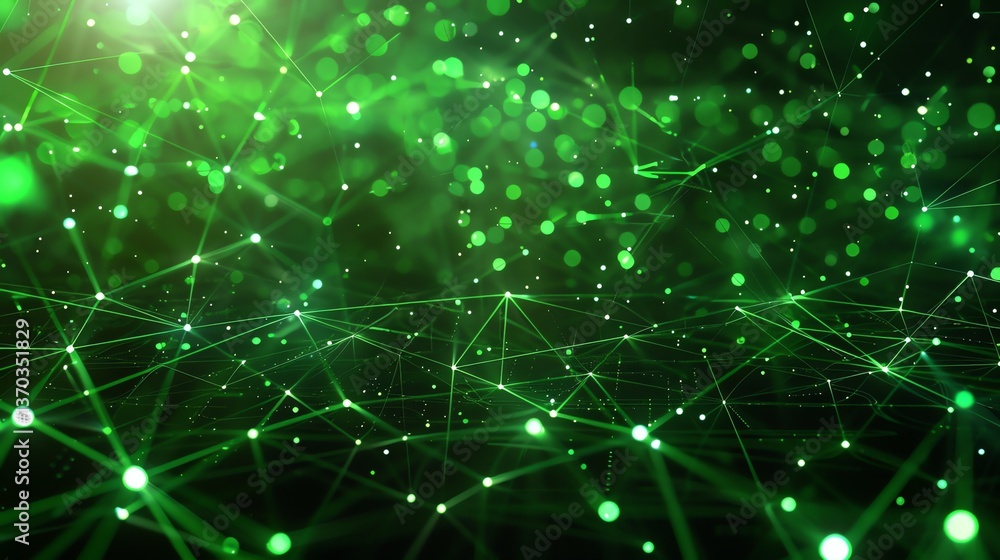Glowing green particles form a network of connections on a dark background. Glowing green particles form a network of connections on a dark background.