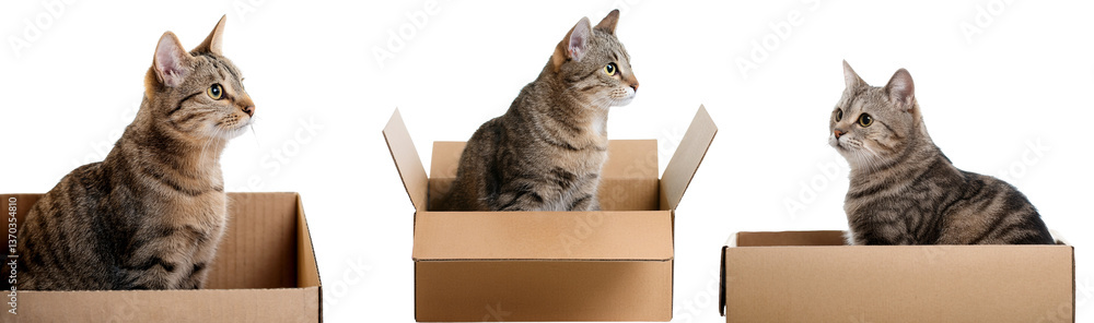 Fototapeta premium Three playful cats exploring cardboard boxes in a cozy indoor setting.