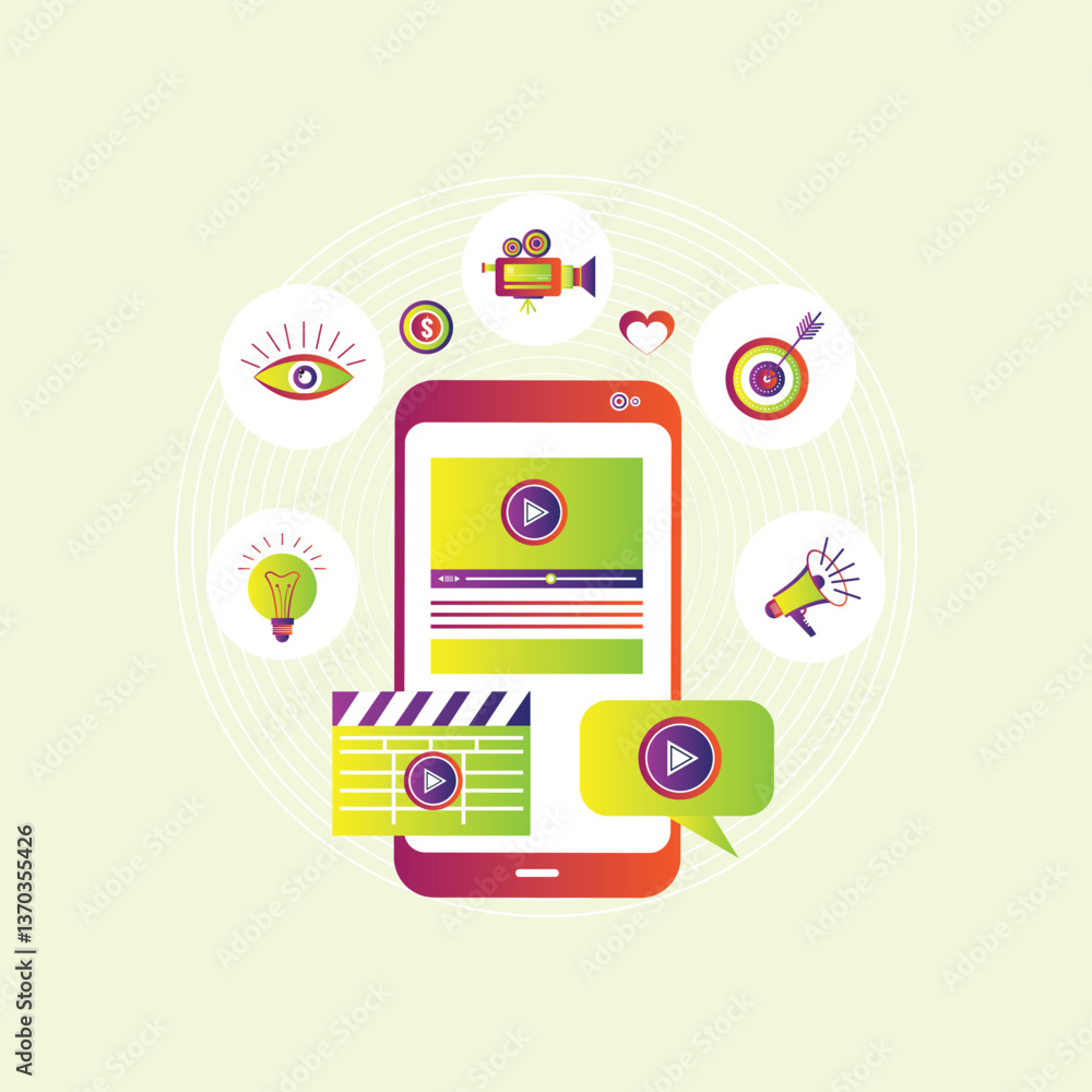 Video on mobile screen, video sharing and marketing flat vector concept with icons Video on mobile screen, video sharing and marketing flat vector concept with icons
