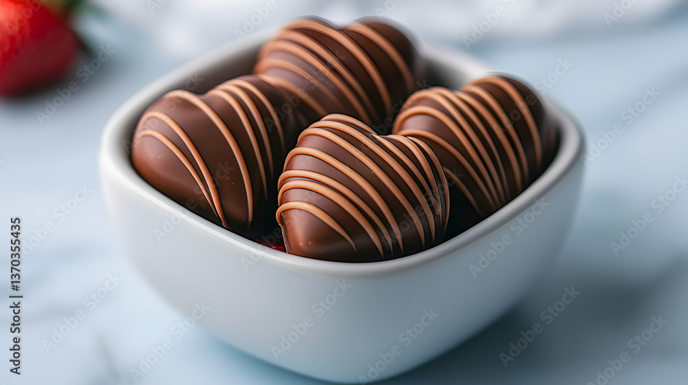 Heart Shaped Chocolate Candies in a White Bowl Heart Shaped Chocolate Candies in a White Bowl