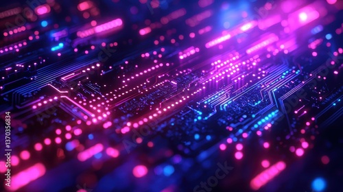 Cyber circuit board with futuristic neon lighting