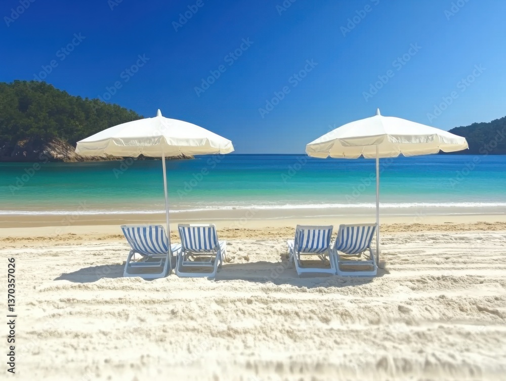 Fototapeta premium Beautiful beach with white sand, two umbrellas, and four sun loungers on the shore of an exotic island, the background is a clear blue sky and turquoise sea water, travel and vacation concept.