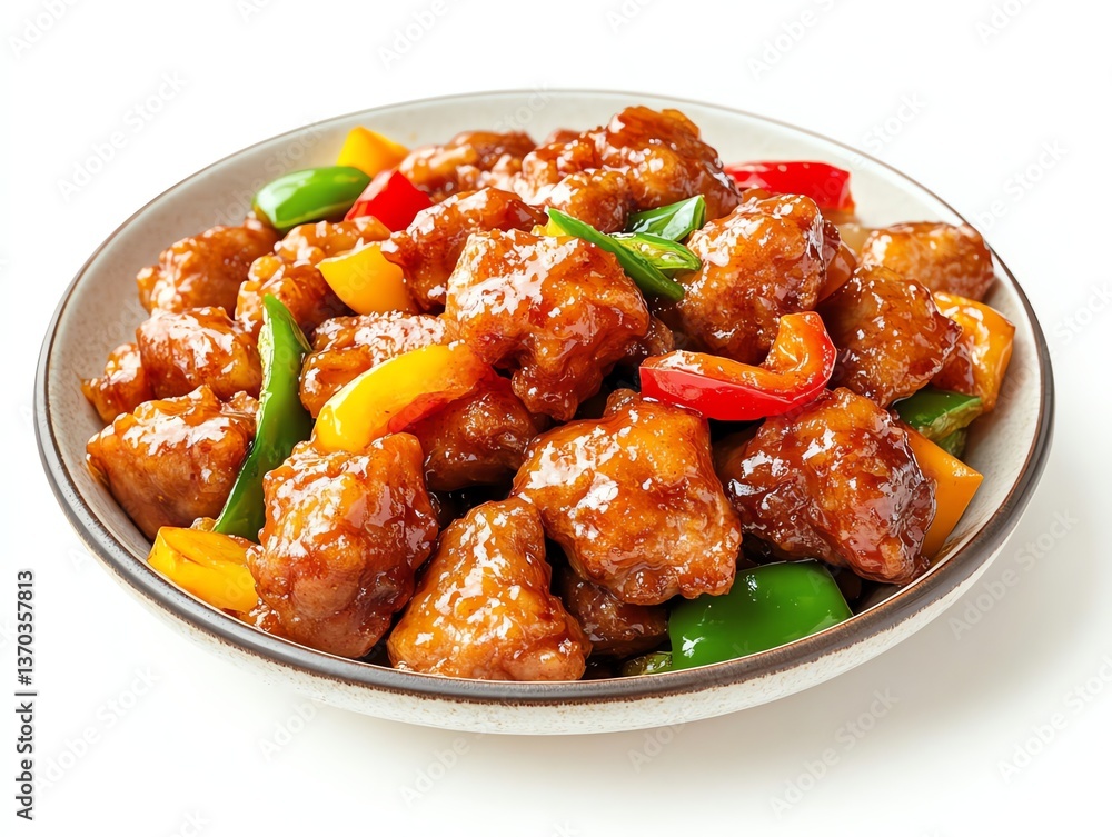 Serving of Sweet and Sour Chicken Dish with Peppers on Plate Serving of Sweet and Sour Chicken Dish with Peppers on Plate