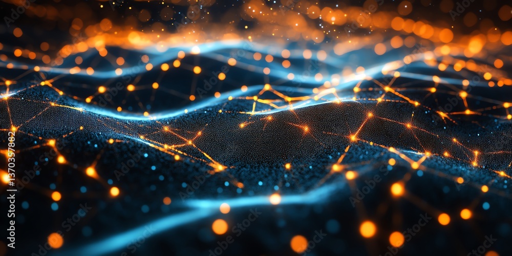 Obraz premium Abstract Glowing Network Connecting Data Points and Wavy Lines Background