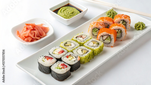 Sushi and rolls, on a white rectangular plate, with wasabi