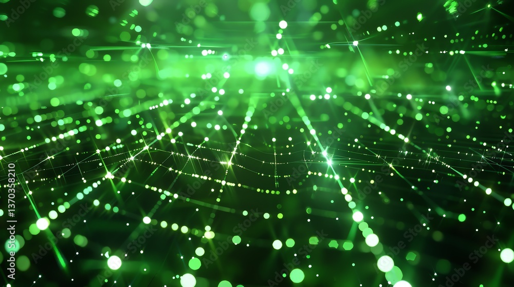 Abstract glowing green particles form a web-like structure in this abstract background image. Abstract glowing green particles form a web-like structure in this abstract background image.